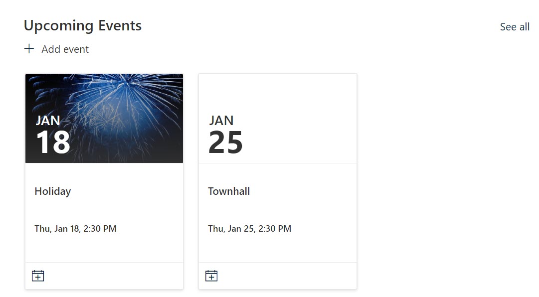 Events web part on a SharePoint page