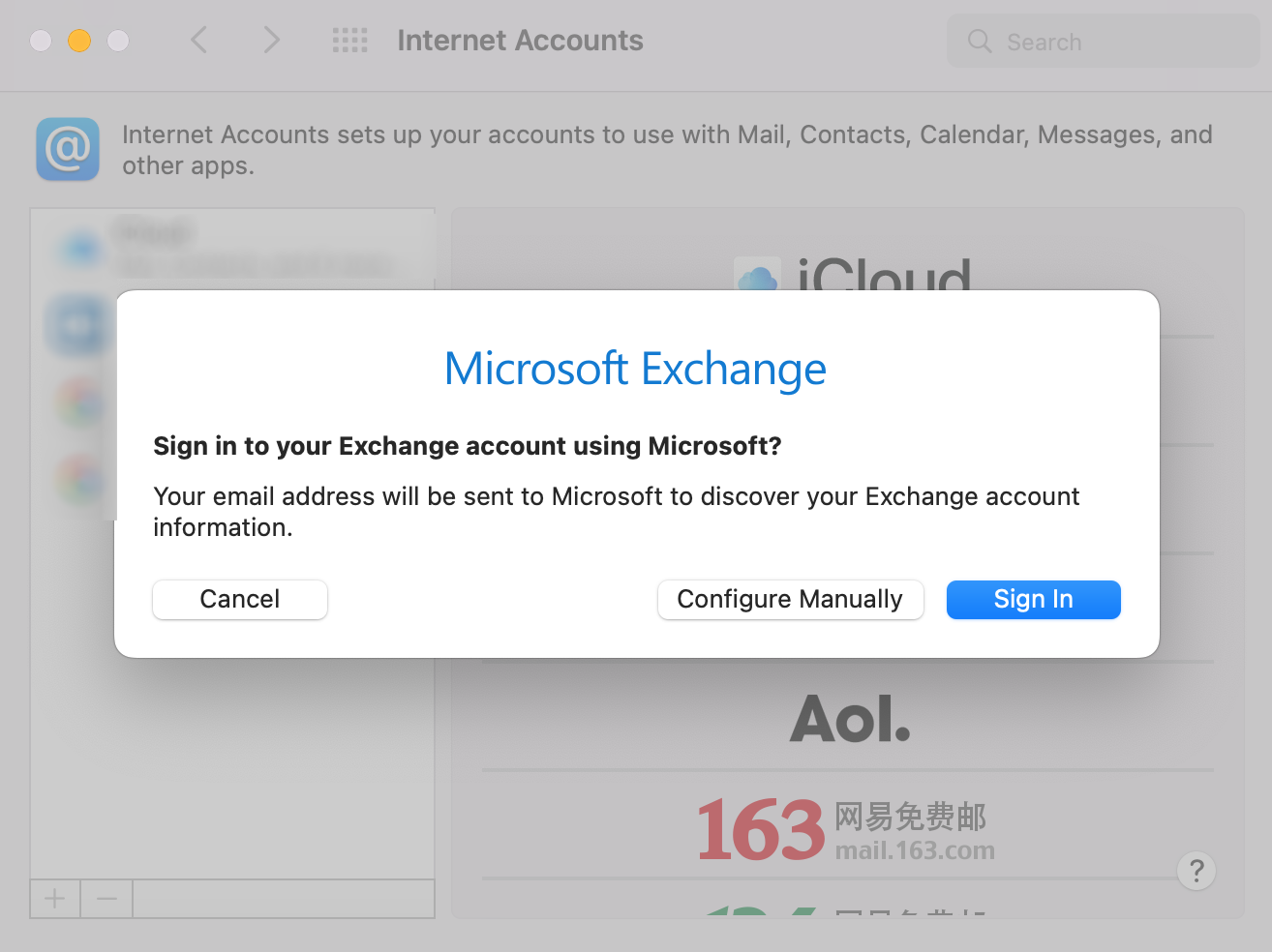 A screenshot of the Microsoft Exchange pop-up window with the page asking, "Sign in to your Exchange account using Microsoft?"