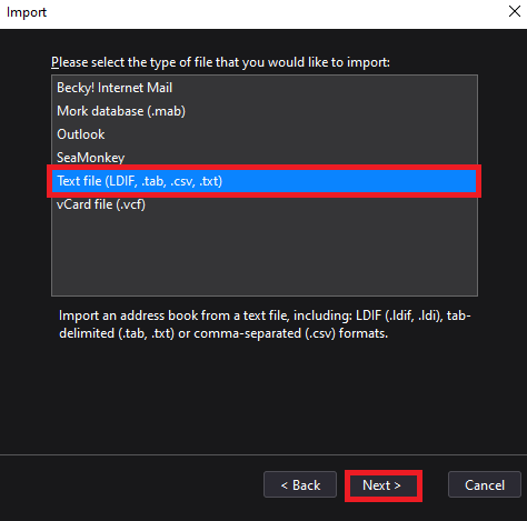 Import wizard asking for type of file to import