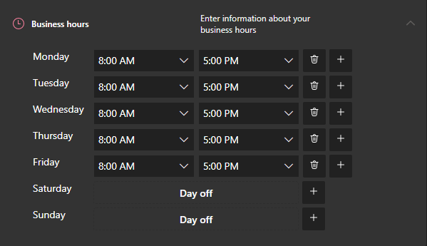 Business hours dropdown.