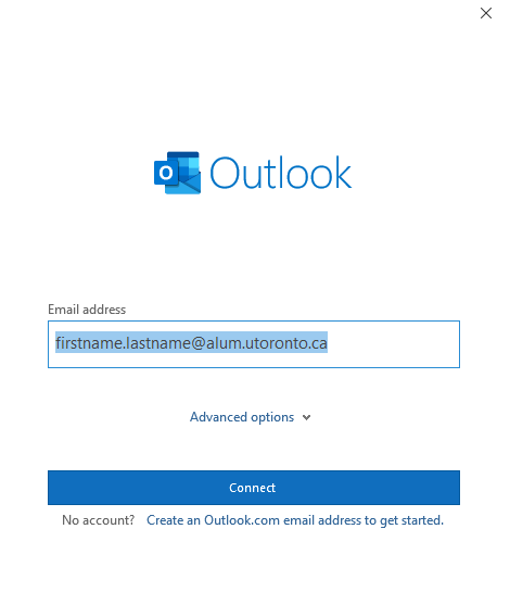 A screenshot of the Outlook application Welcome screen with the email address field filled out.