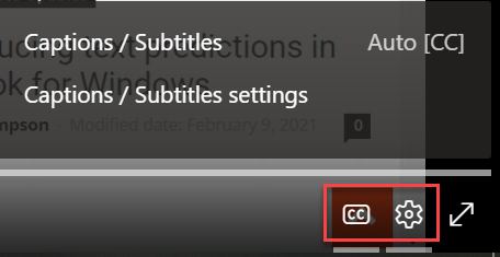 Captions/subtitle settings in a video on OneDrive/SharePoint.