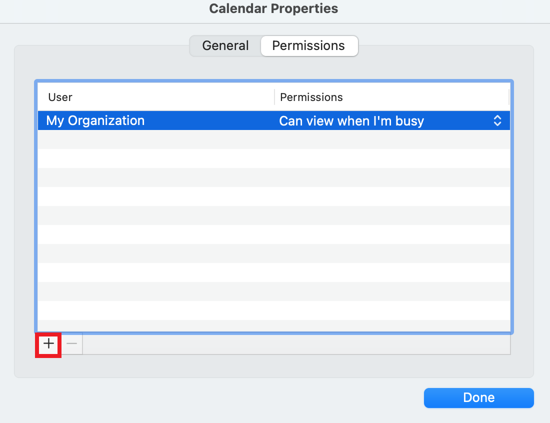 Calendar properties window and permissions tab