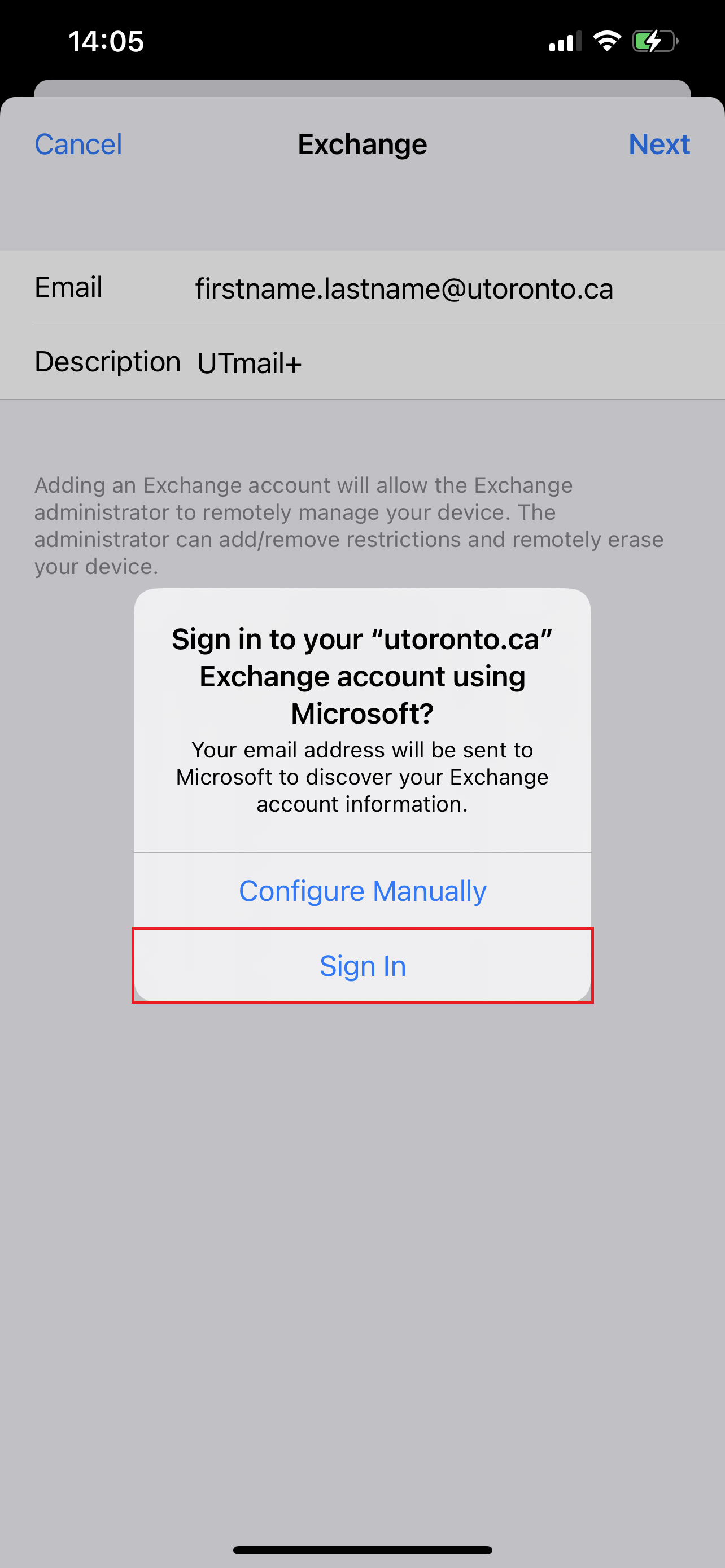 A screenshot of the Exchange screen with a pop up dialog with the Sign In button highlighted.