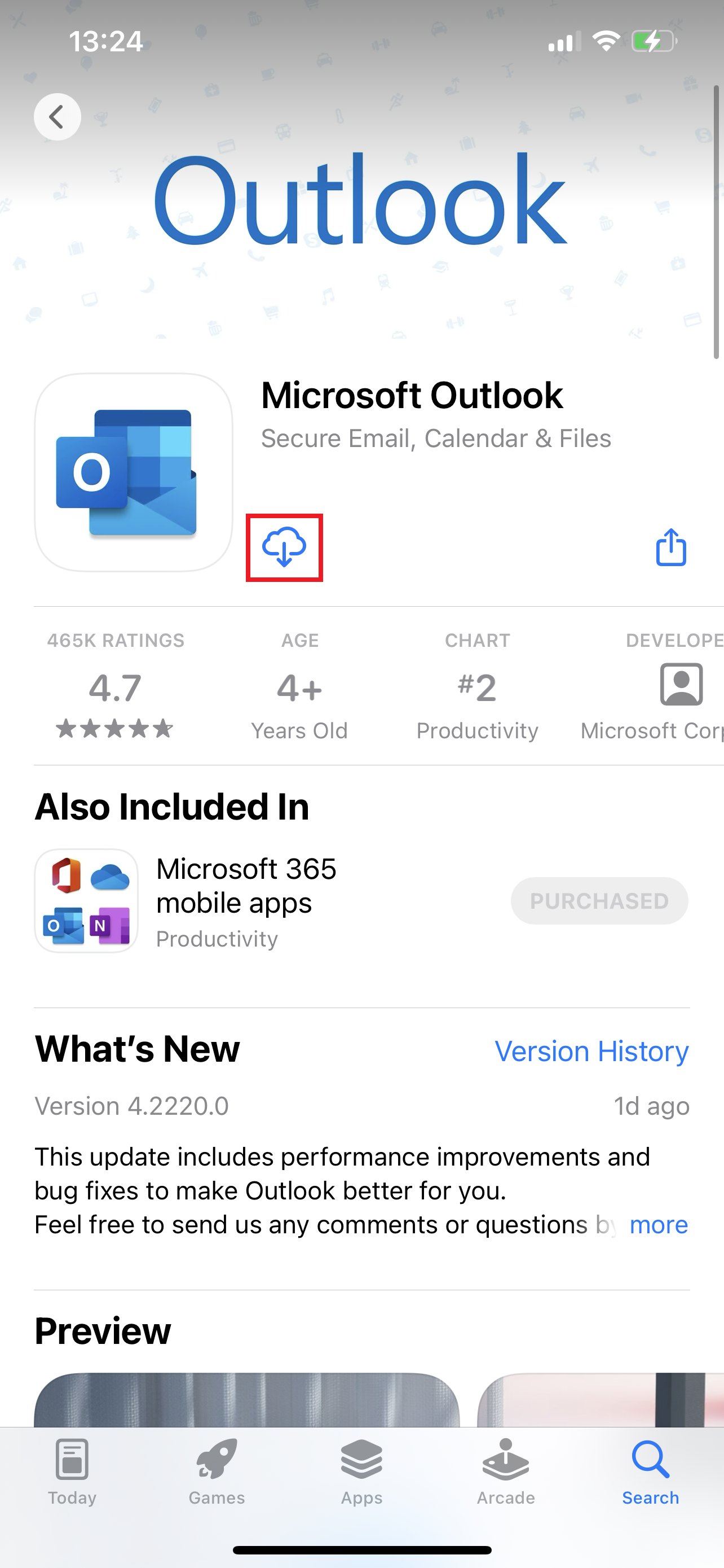 Outlook app store page