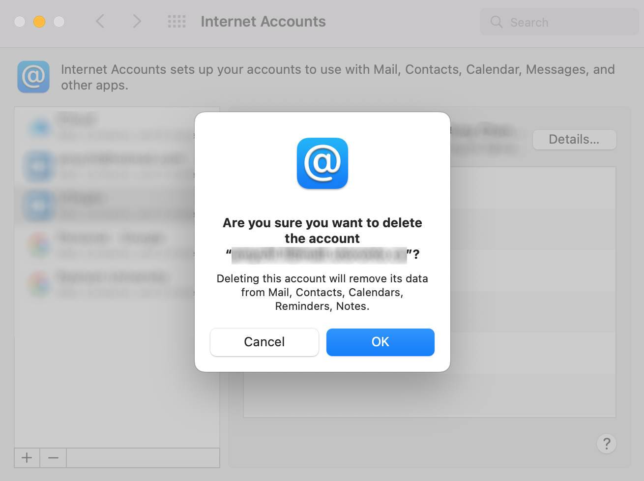 A screenshot of the confirmation dialog for account deletion.