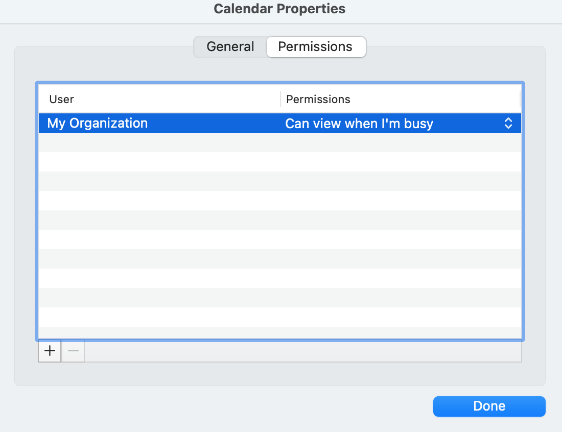 Calendar properties window and permissions tab