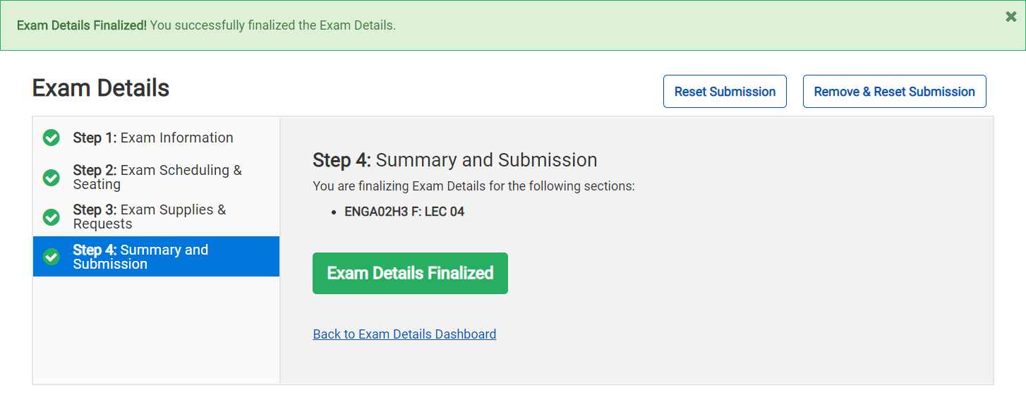 Exam Details Module - Summary & Submission