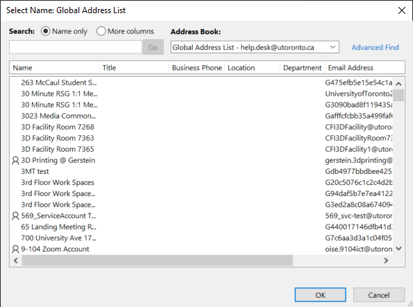 Select name: global address list window