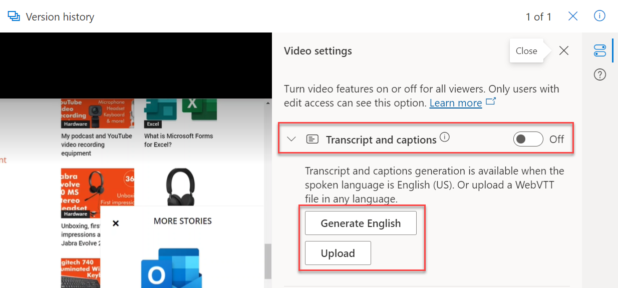 Settings in a video on OneDrive/SharePoint.