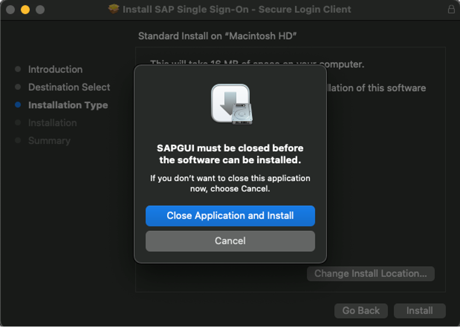 SAPGUI still running warning. Click on Close Application