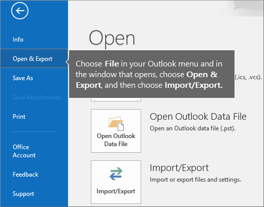 To create your Outlook pst file, choose File, choose Open and Export, and then Import/Export.