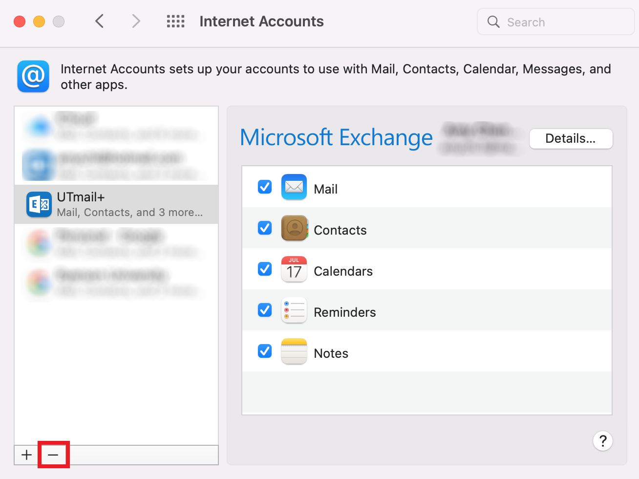 A screenshot of the Internet Accounts page of System Preferences.