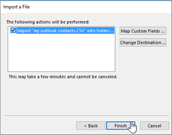 When you import Gmail contacts to your Office 365 mailbox, click the Finish button to start the migration