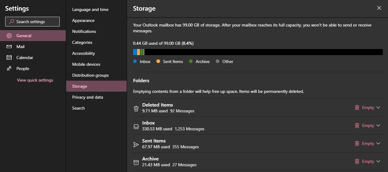 Outlook storage settings