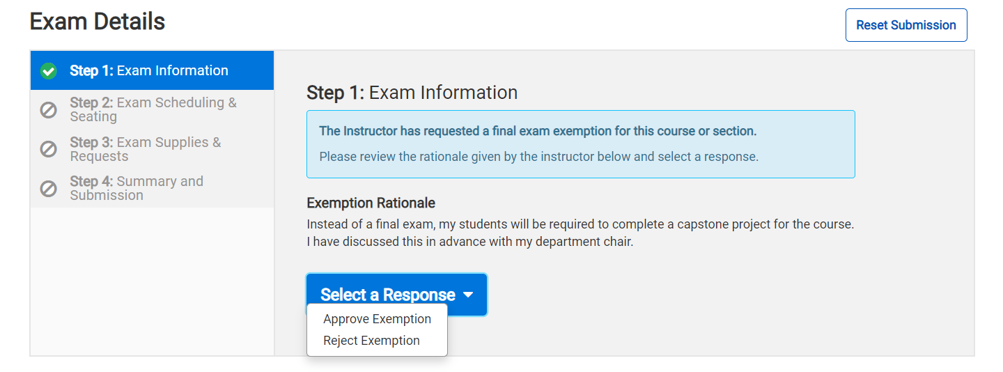 Exam Details Module - Final Exam Exemption Request