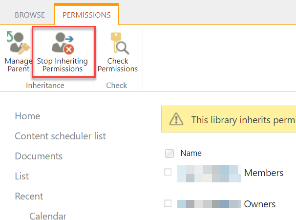 Select Stop Inheriting Permissions to make a SharePoint library's permissions unique