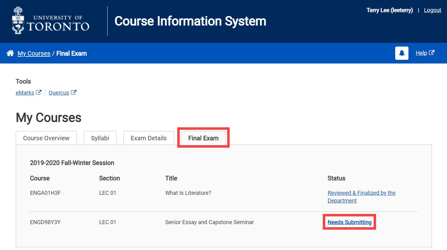 Instructor Home Page - Final Exam Tab