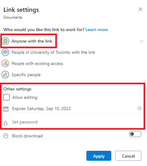 Anyone with link other settings