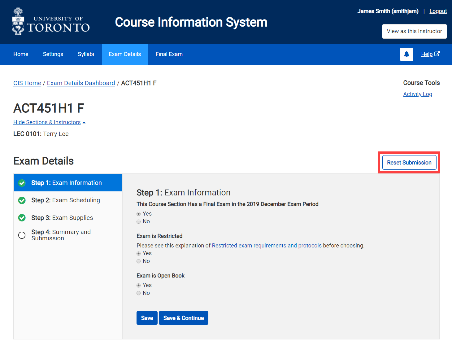 Exam Details Module - Reset Submission