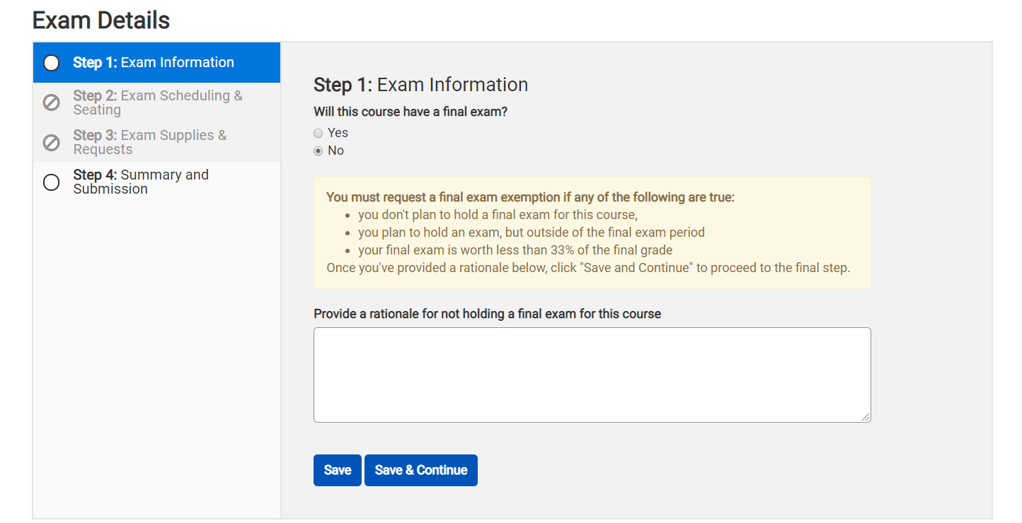 Exam Details Module - Final Exam Exemption Request