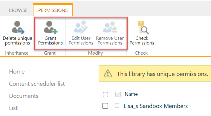 Select Grant Permissions or Remove User Permissions to update a library's unique permissions