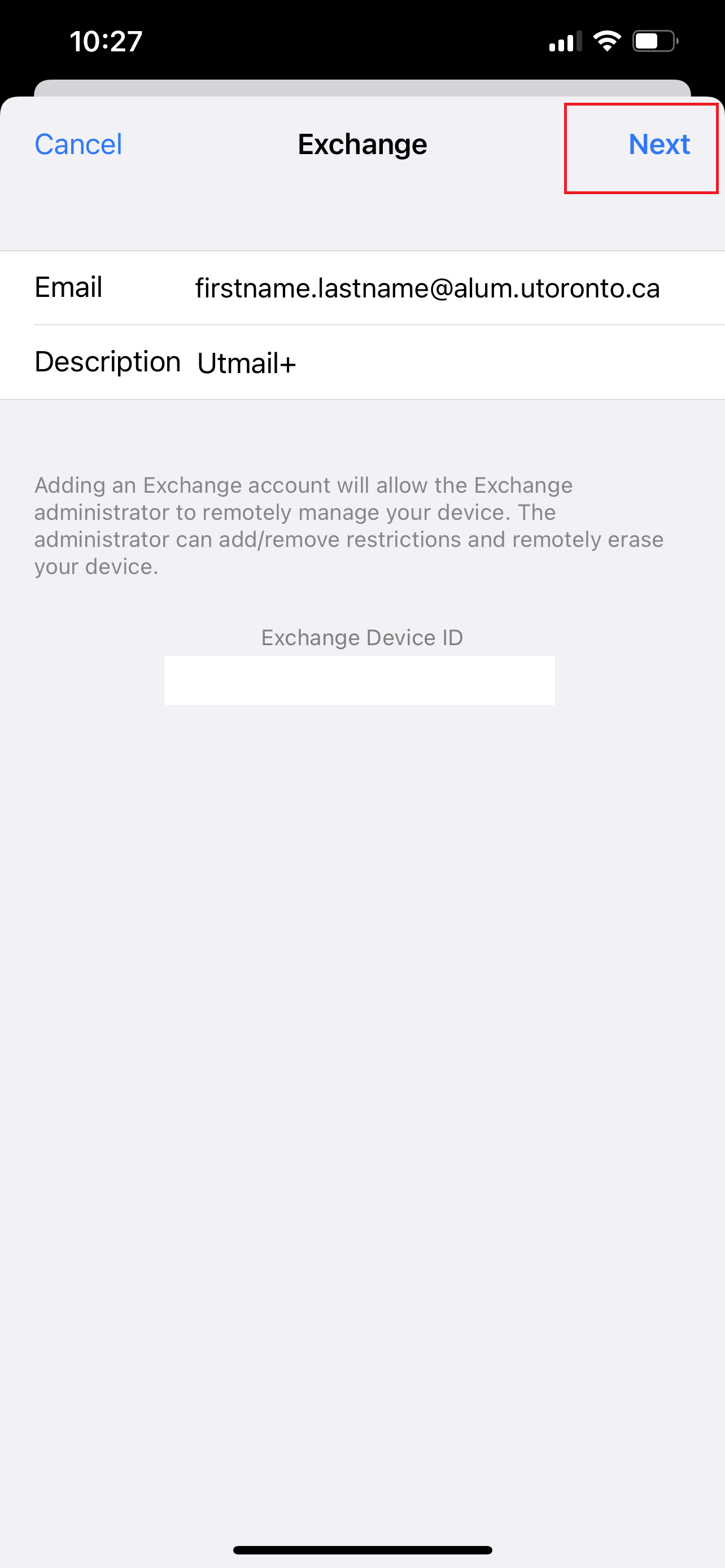 A screenshot of the Exchange screen with the Next button highlighted.