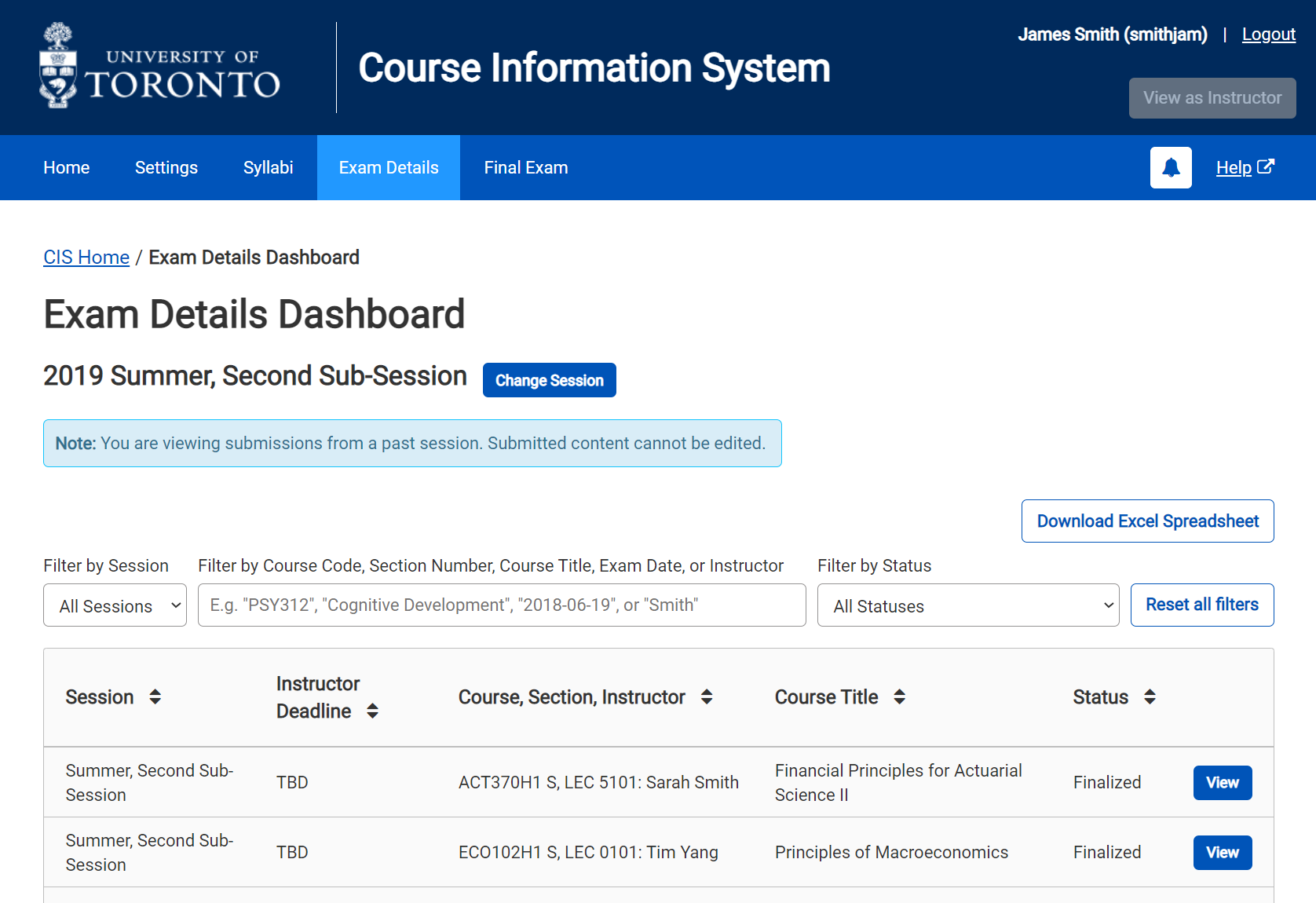 Exam Details Module - Past Session Dashboard