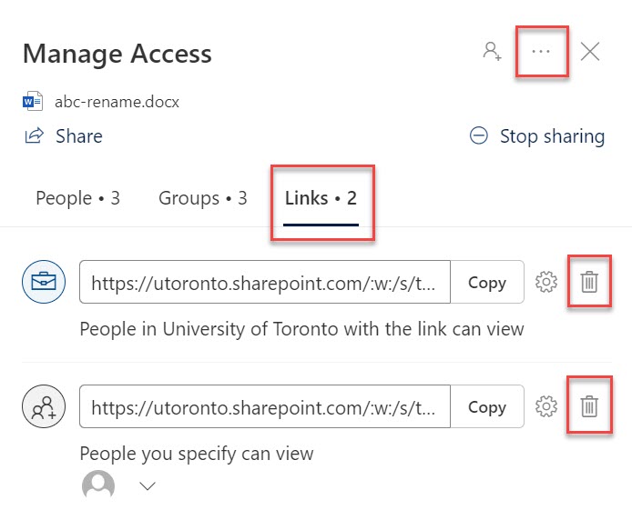 Manage share links on SharePoint files