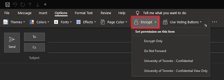 Outlook email sending field with Options tab open and the Encrypt button highlighted.