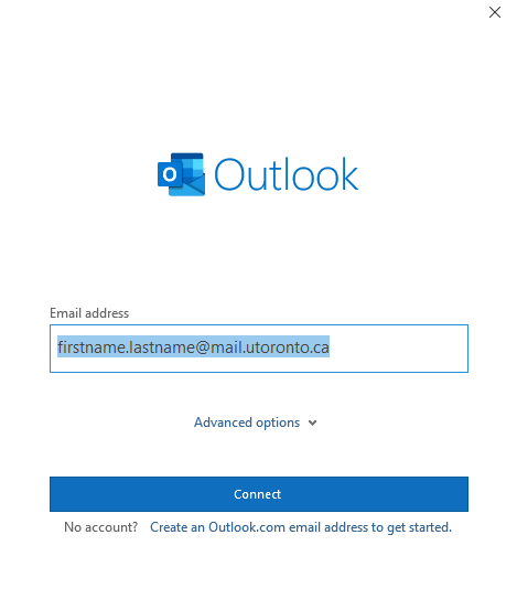 A screenshot of the Outlook application Welcome screen with the email address field filled out.