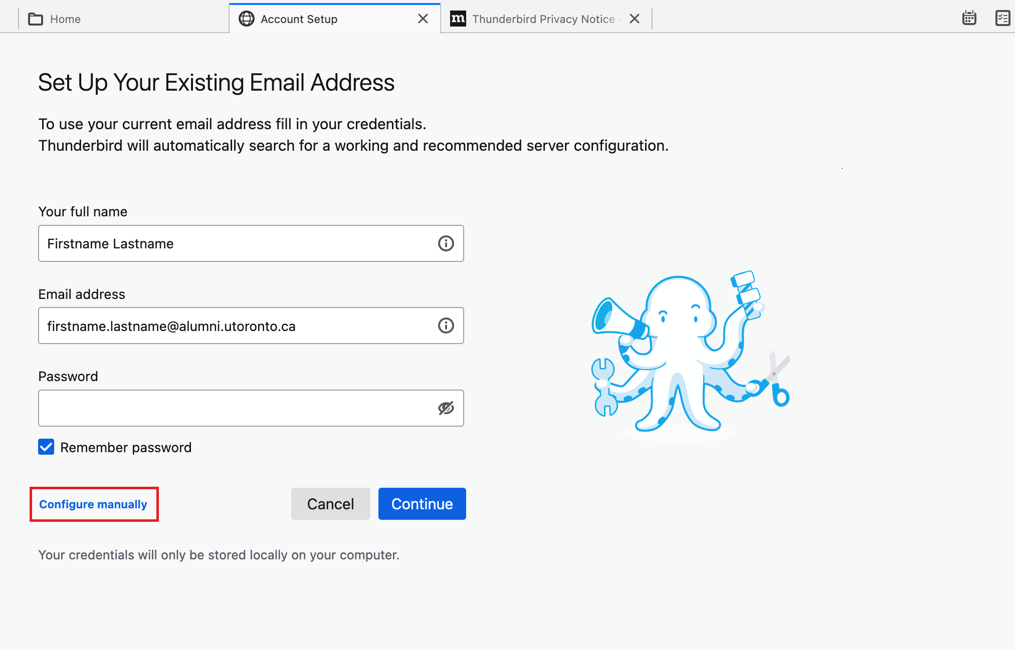 Account setup tab with configure manually highlighted