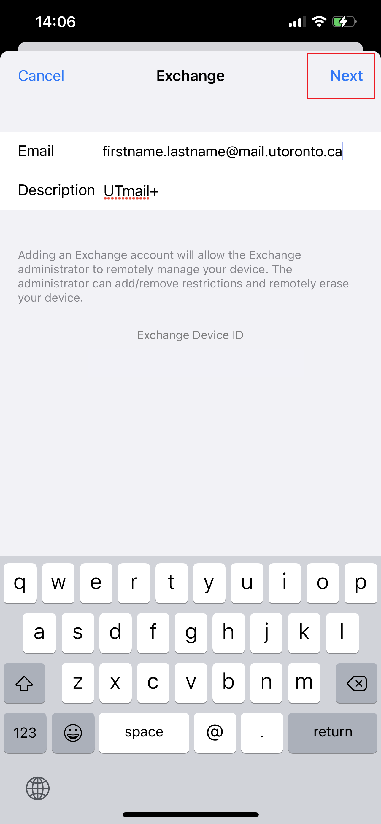 A screenshot of the Exchange screen with the text fields filled out and Next button highlighted.