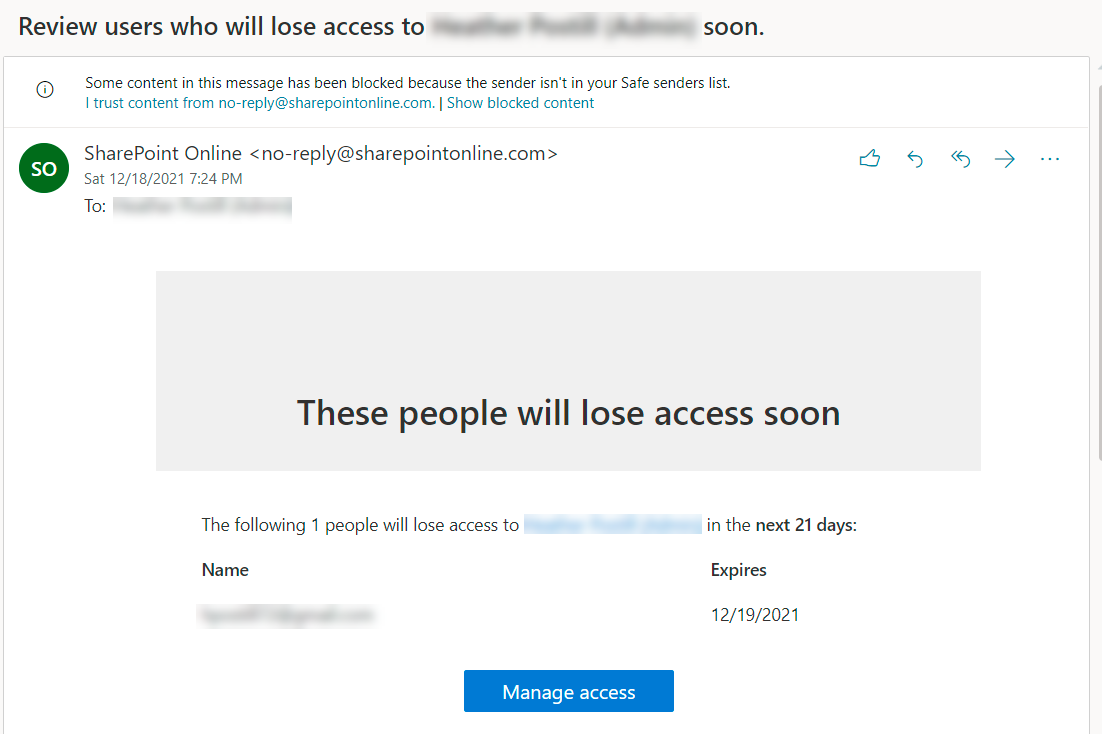 Email notifying OneDrive owner of expiring guests