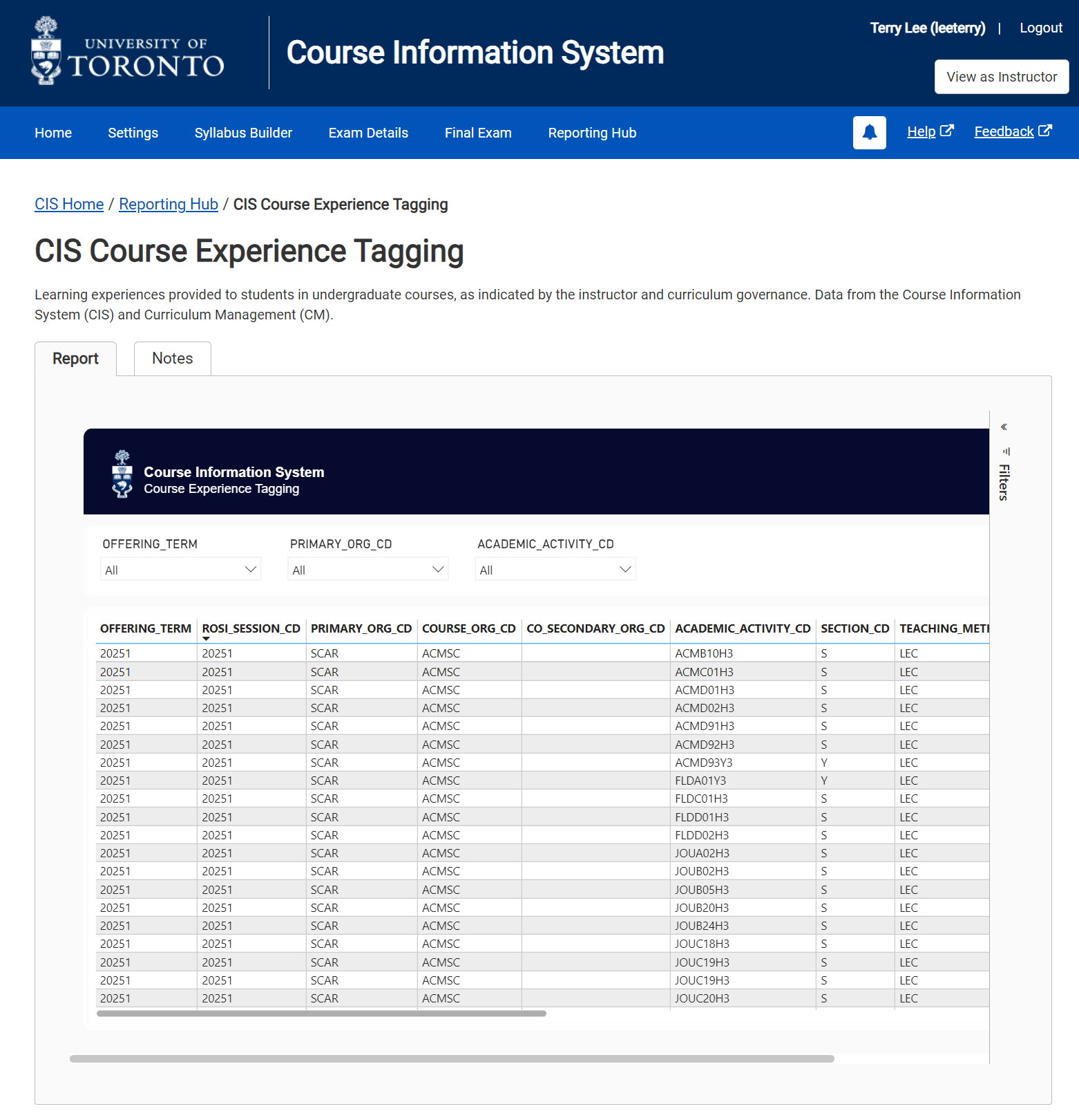 Reporting Hub Report View - A screenshot of the CIS Course Experience Tagging report page within CIS, which displays data embedded from Power BI.
