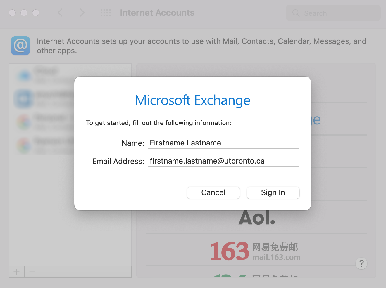 A screenshot of the Microsoft Exchange pop-up window.