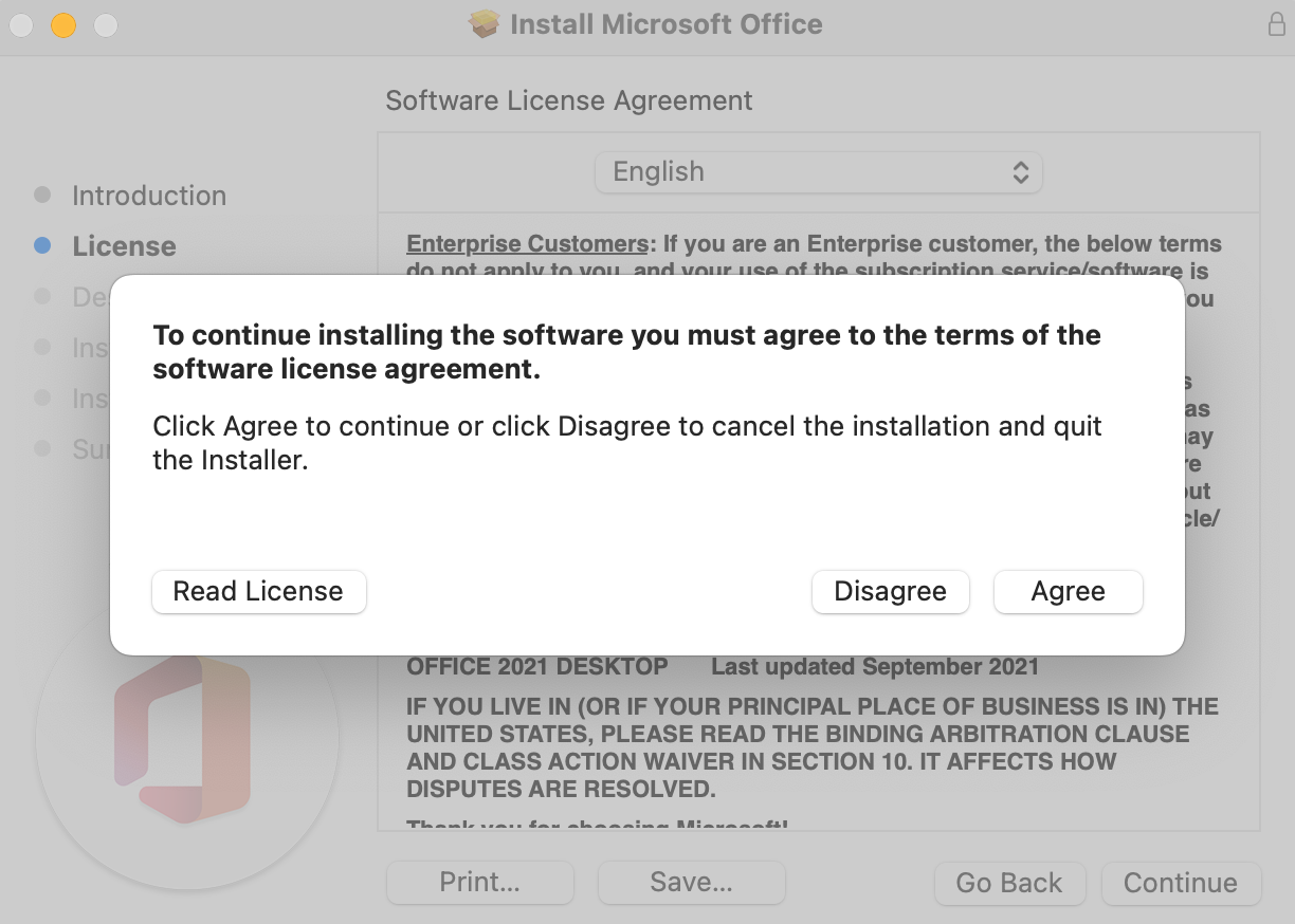 Install Microsoft Office - License Agreement