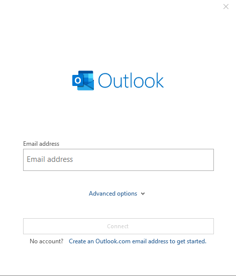 A screenshot of the Outlook application Welcome screen asking for email address input.