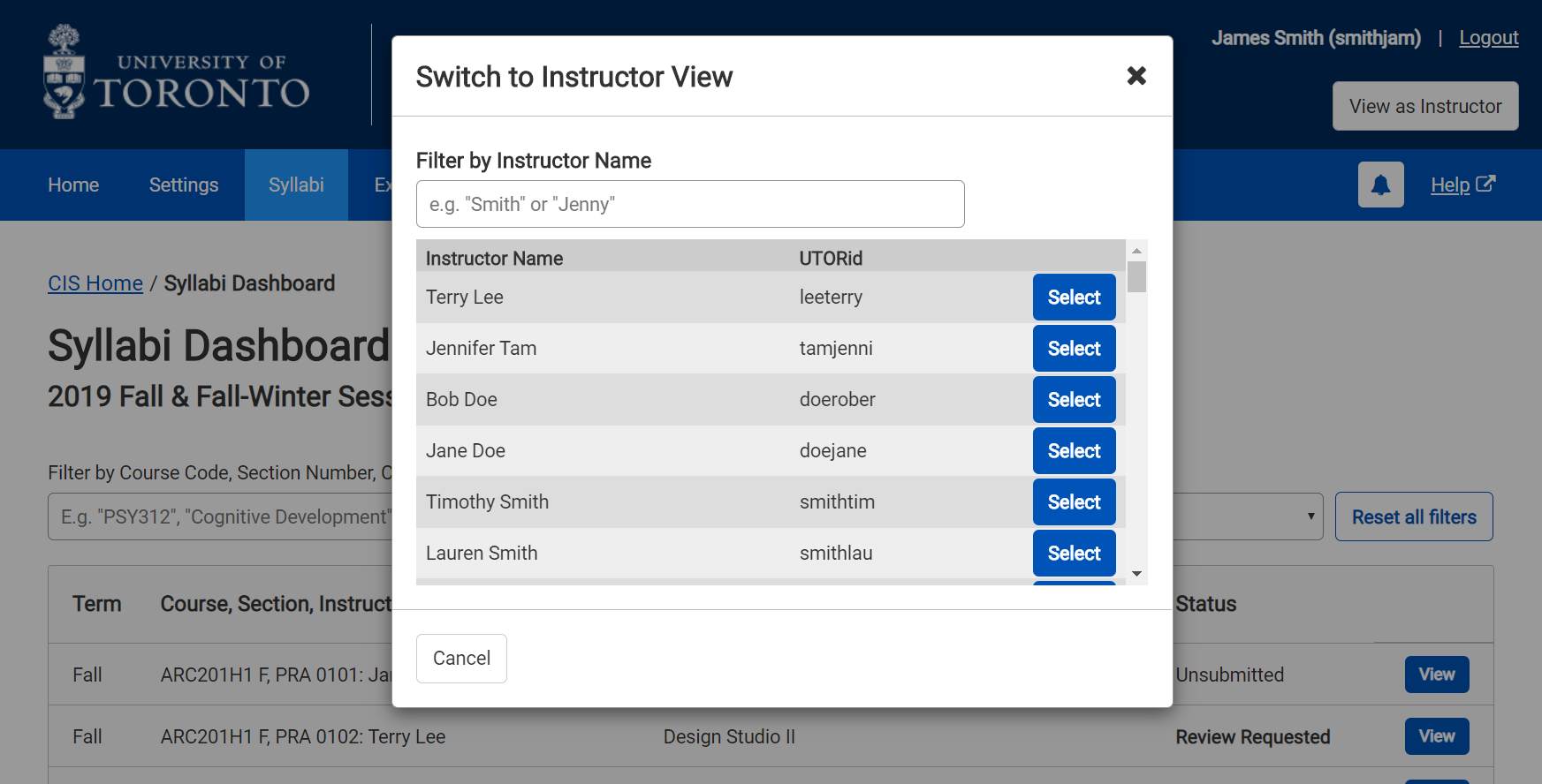 Instructor View - Select an Instructor