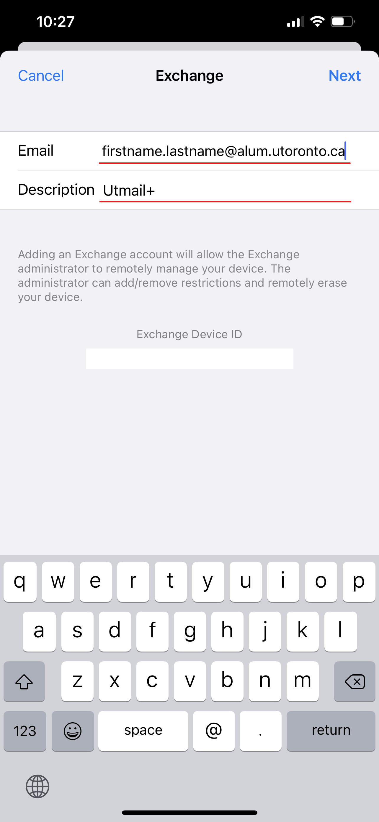 A screenshot of the Exchange screen with the text fields for Email and description filled out.