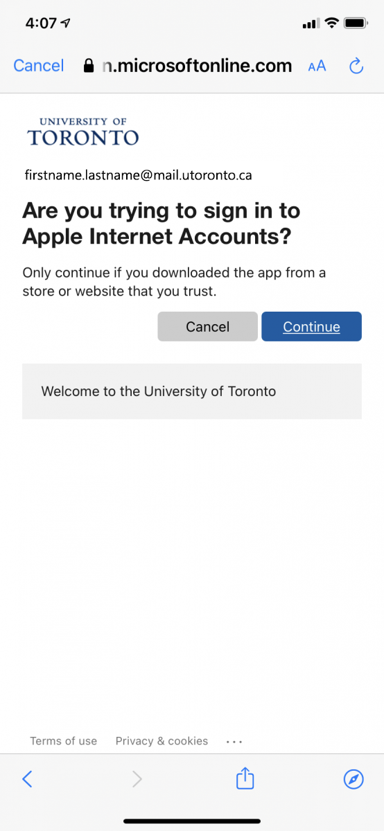 A screenshot of the next Weblogin screen asking, "Are you trying to sign in to Apple Internet Accounts?" There is a grey button for Cancel and a blue button for Continue.