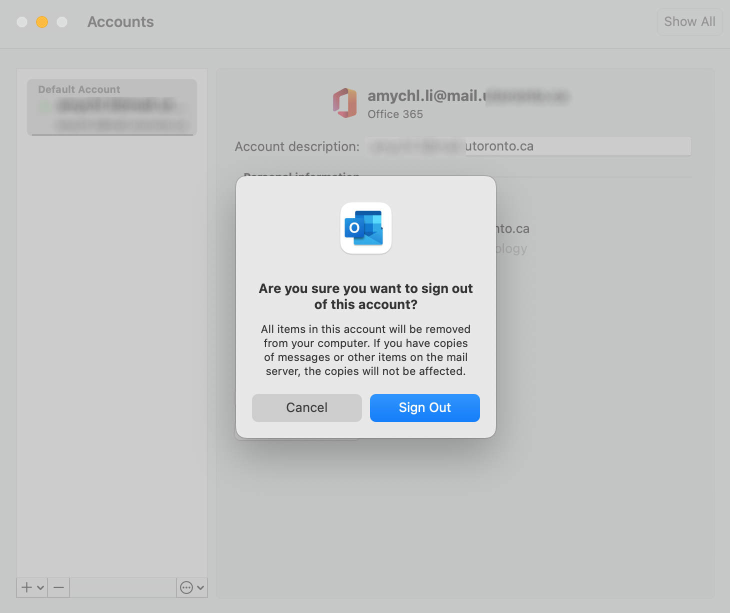 Account removal confirmation dialog