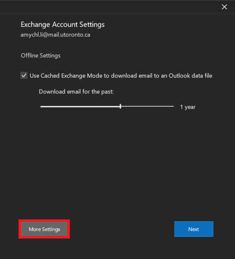 Exchange account settings window