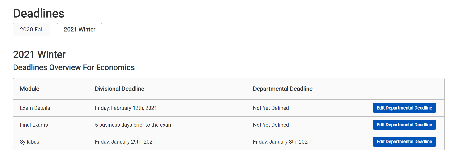 Settings - Departmental Deadlines