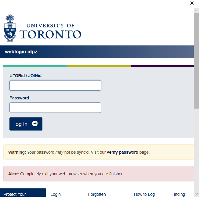 University of Toronto weblogin page