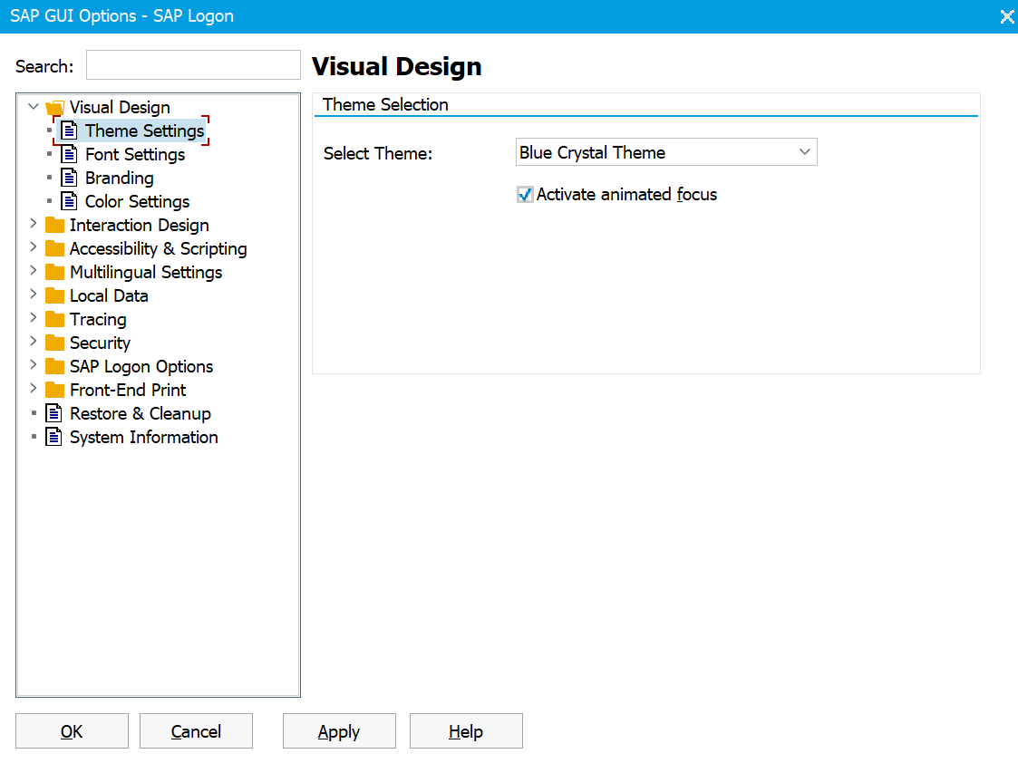 Screenshot showing the current Theme settings from Visual Design folder