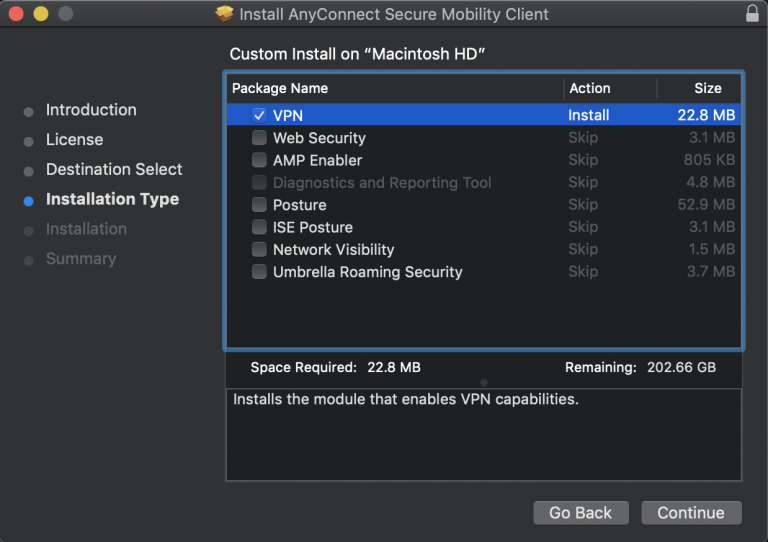 Cisco AnyConnect installation wizard for Mac