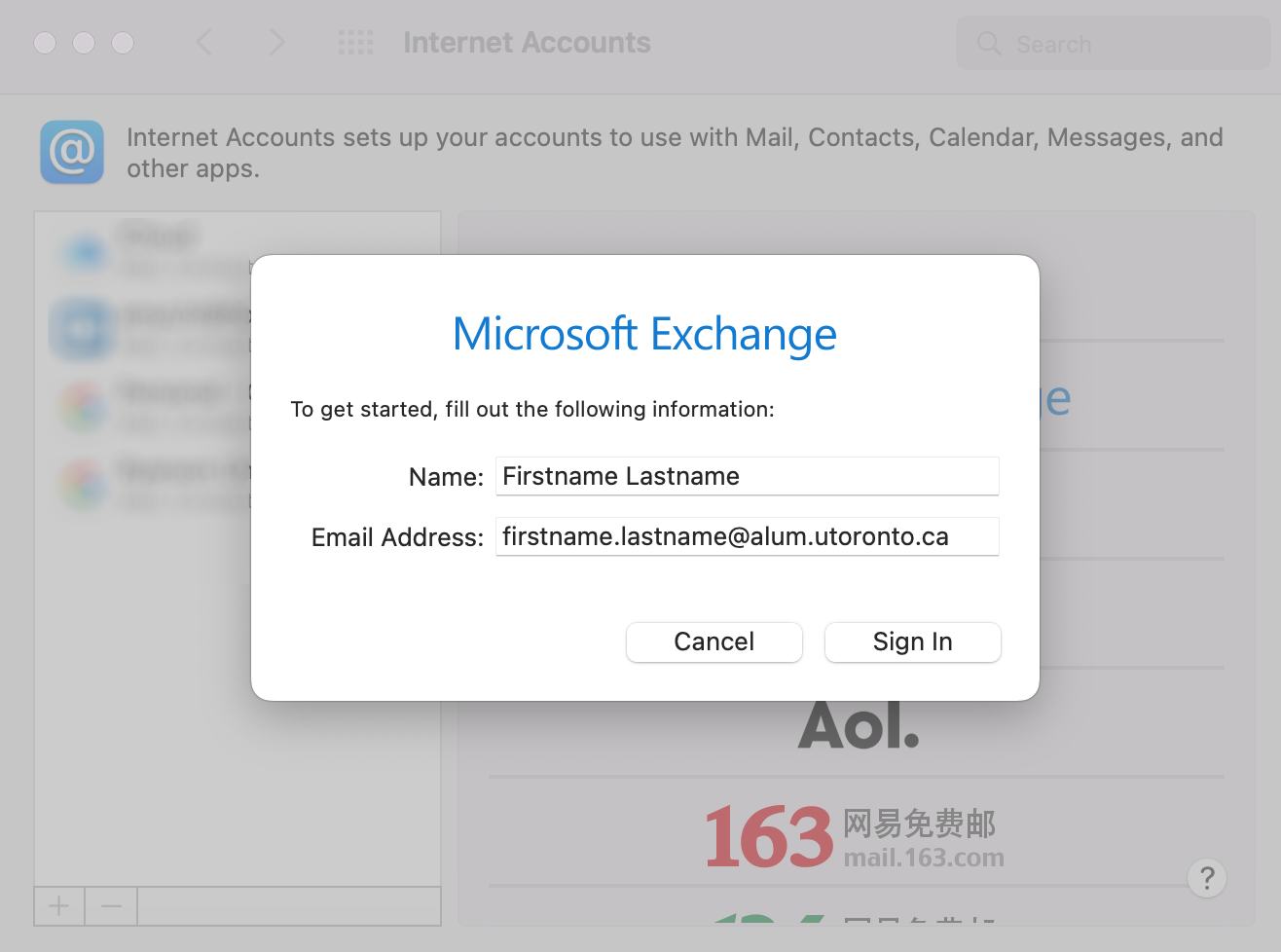 A screenshot of the Microsoft Exchange pop-up window.