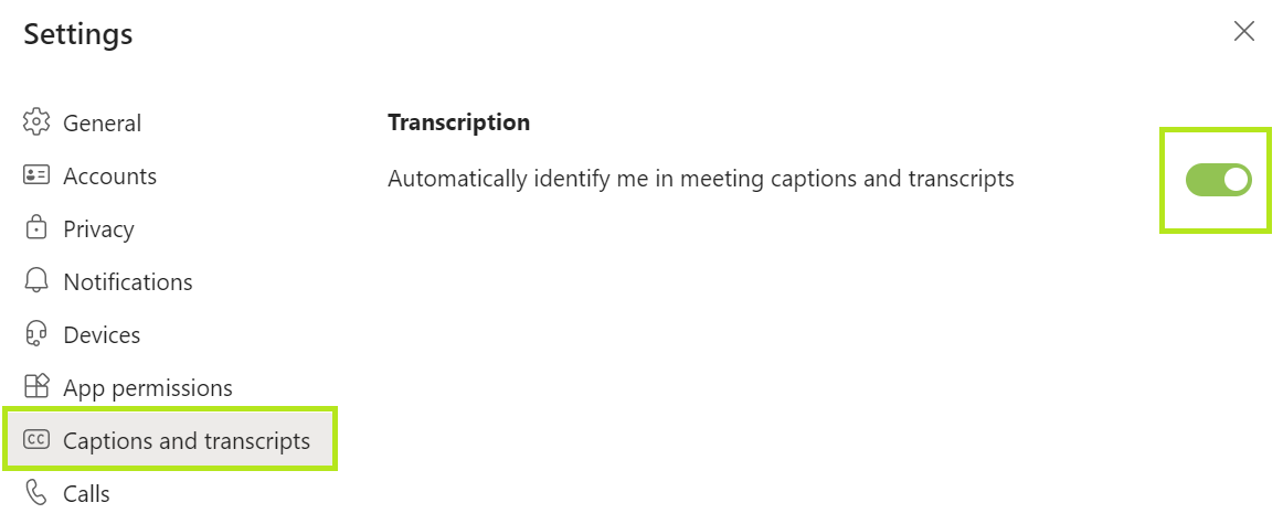 Captions and transcripts settings.