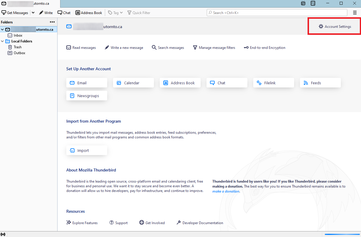 Account information screen on Thunderbird.